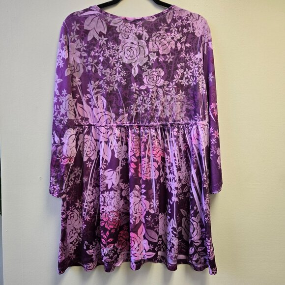 Vintage Purple Floral Bell Sleeve Babydoll Fairy Whimsigoth Womens 1X Tunic Top - Picture 2 of 10